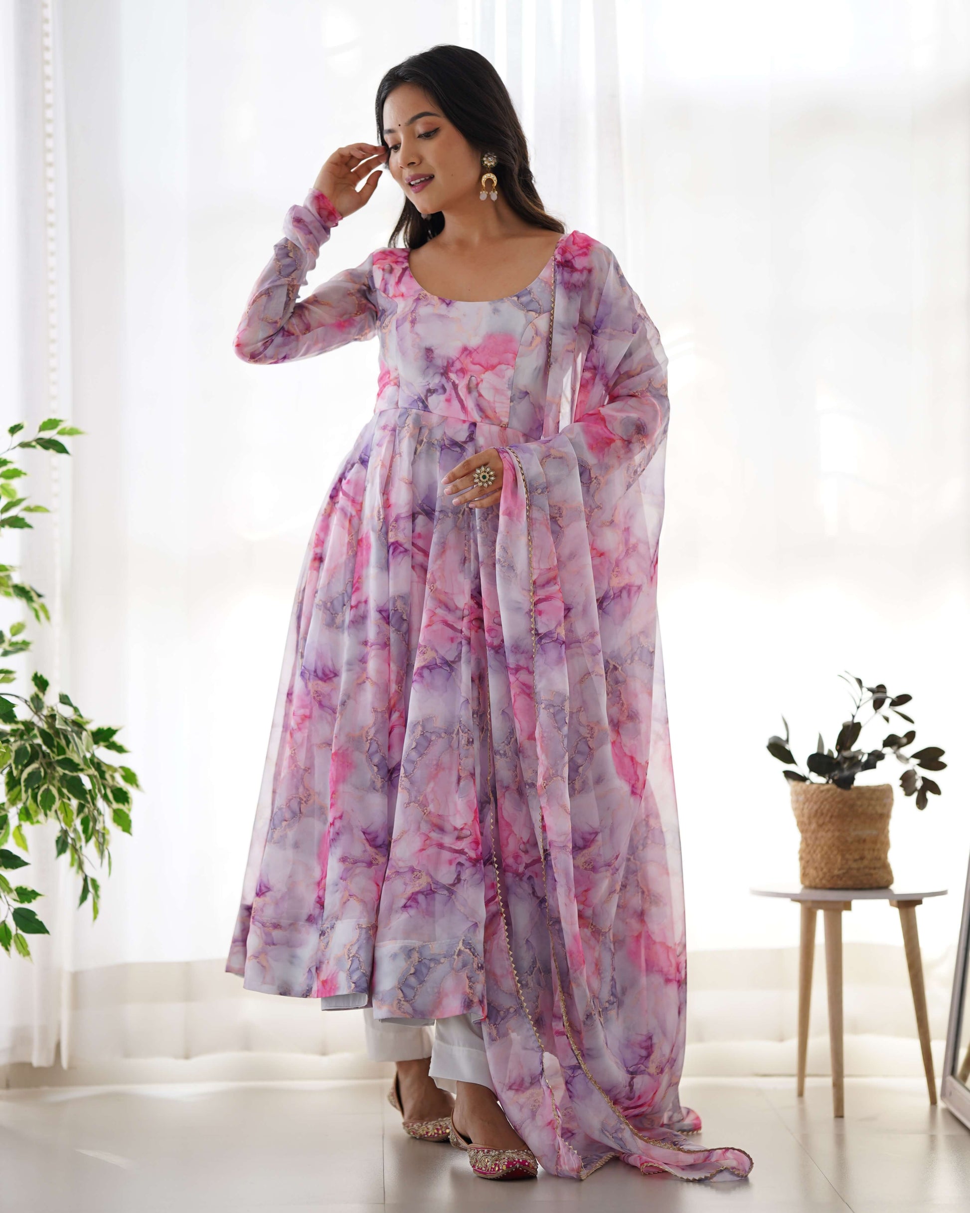 Soft Organza Silk Floral Anarkali Set with Gota Patti Dupatta
