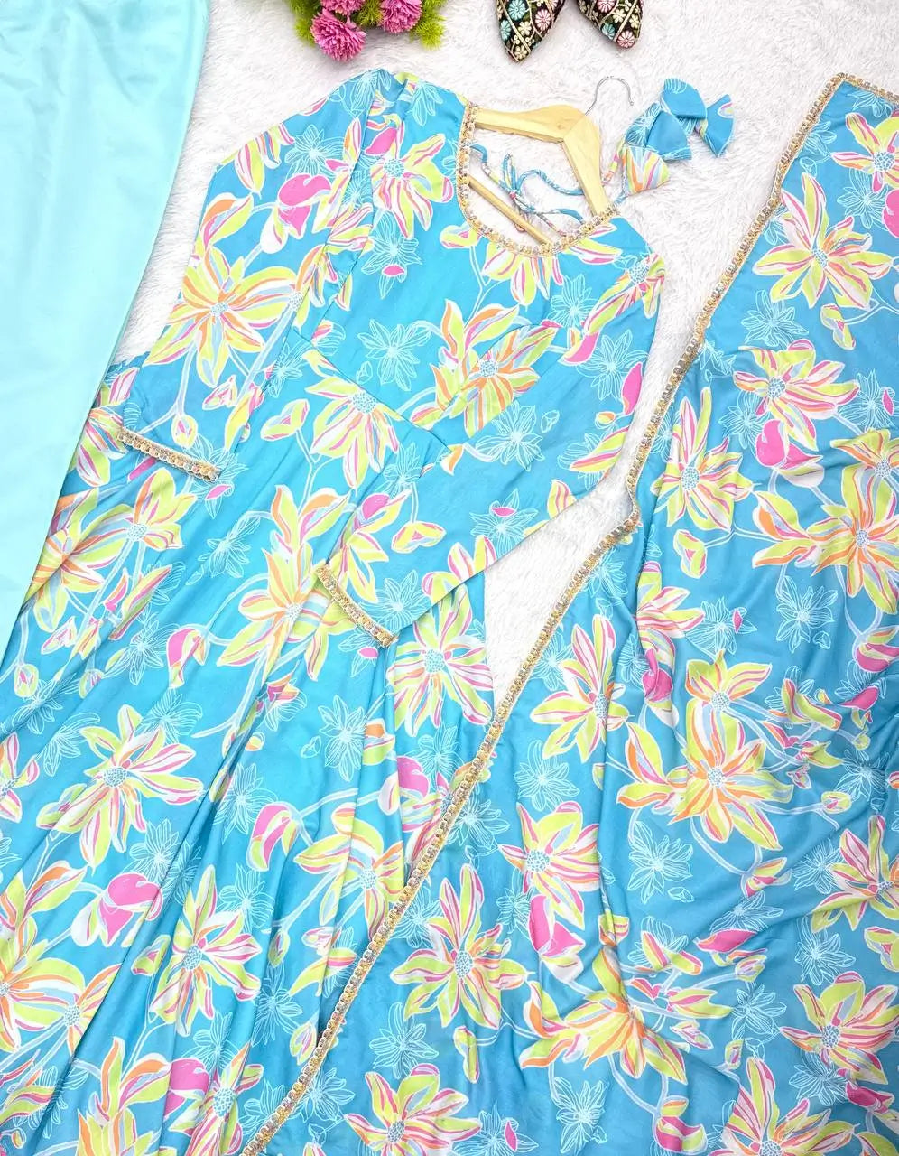 Soft Organza Silk Floral Anarkali Set with Gota Patti Dupatta