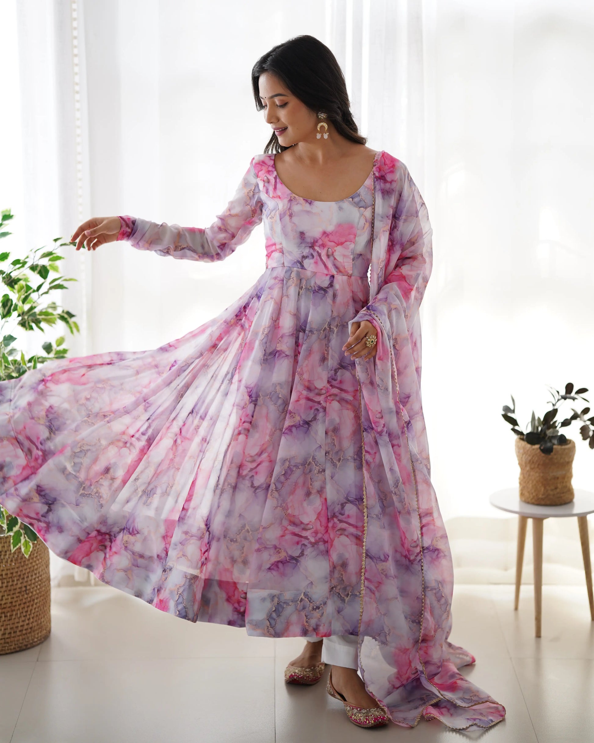 Soft Organza Silk Floral Anarkali Set with Gota Patti Dupatta