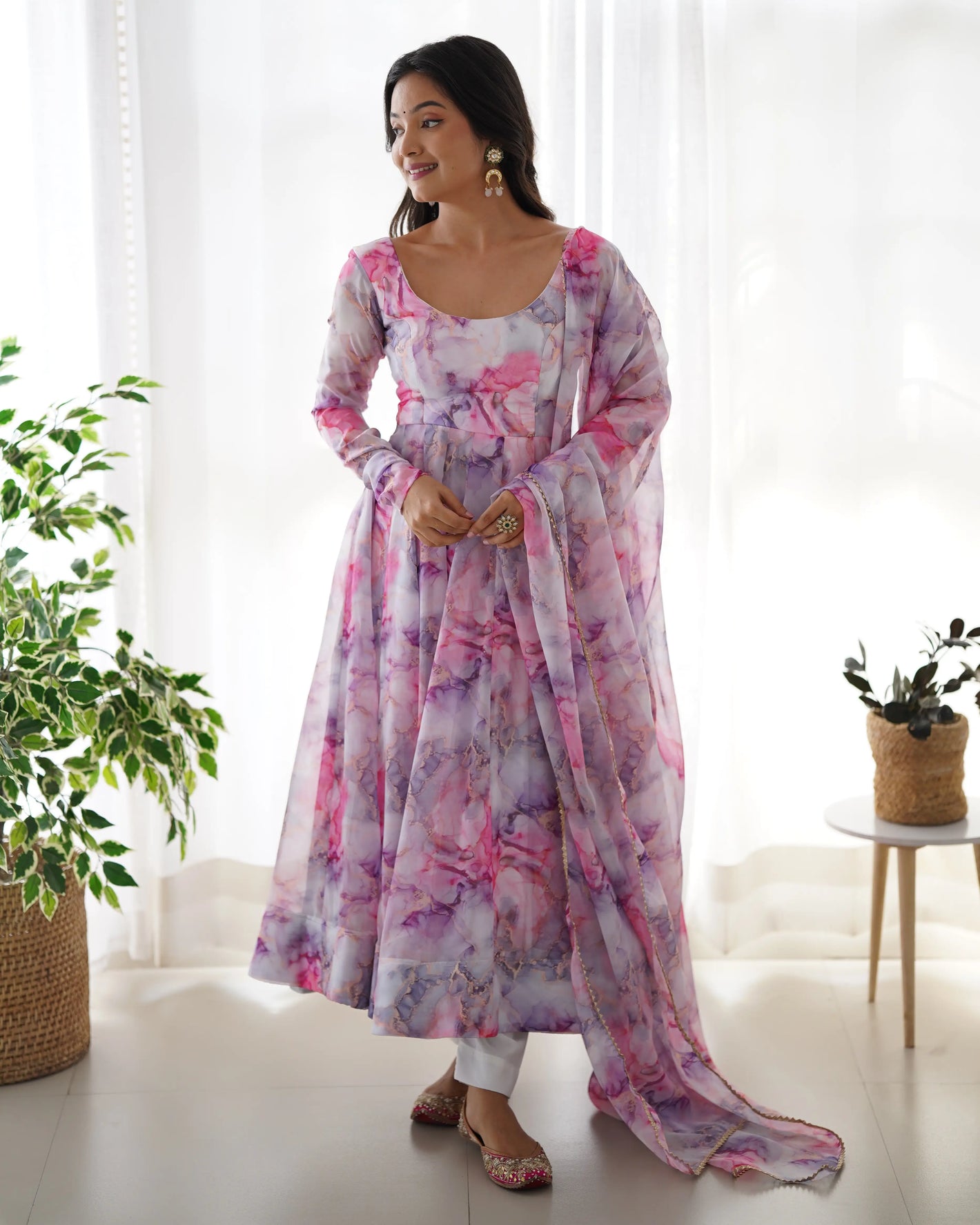 Soft Organza Silk Floral Anarkali Set with Gota Patti Dupatta