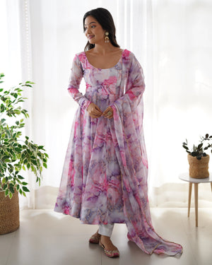 Soft Organza Silk Floral Anarkali Set with Gota Patti Dupatta