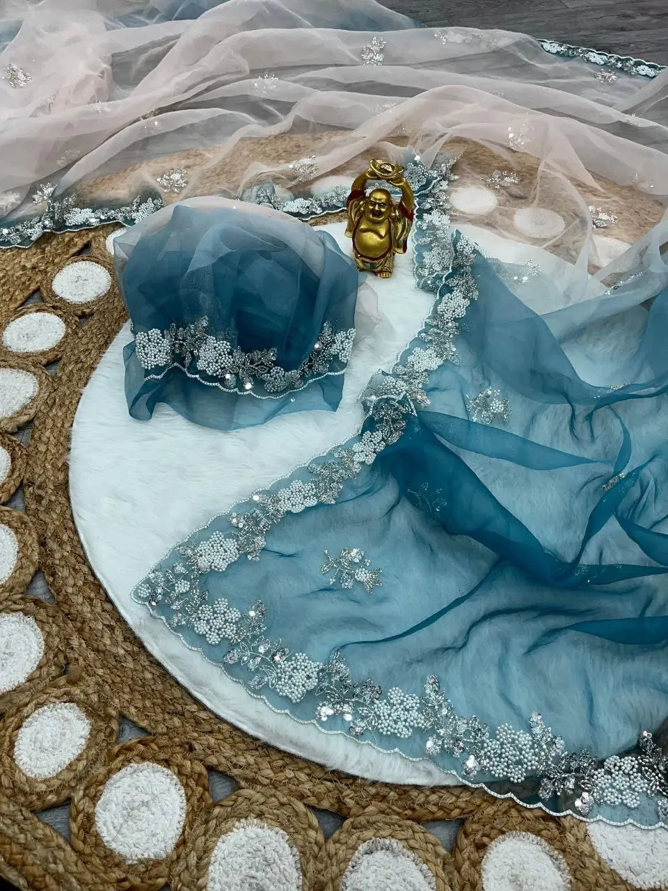 Soft Shiny Organza Saree with Cutdana, Moti & Sequins Work