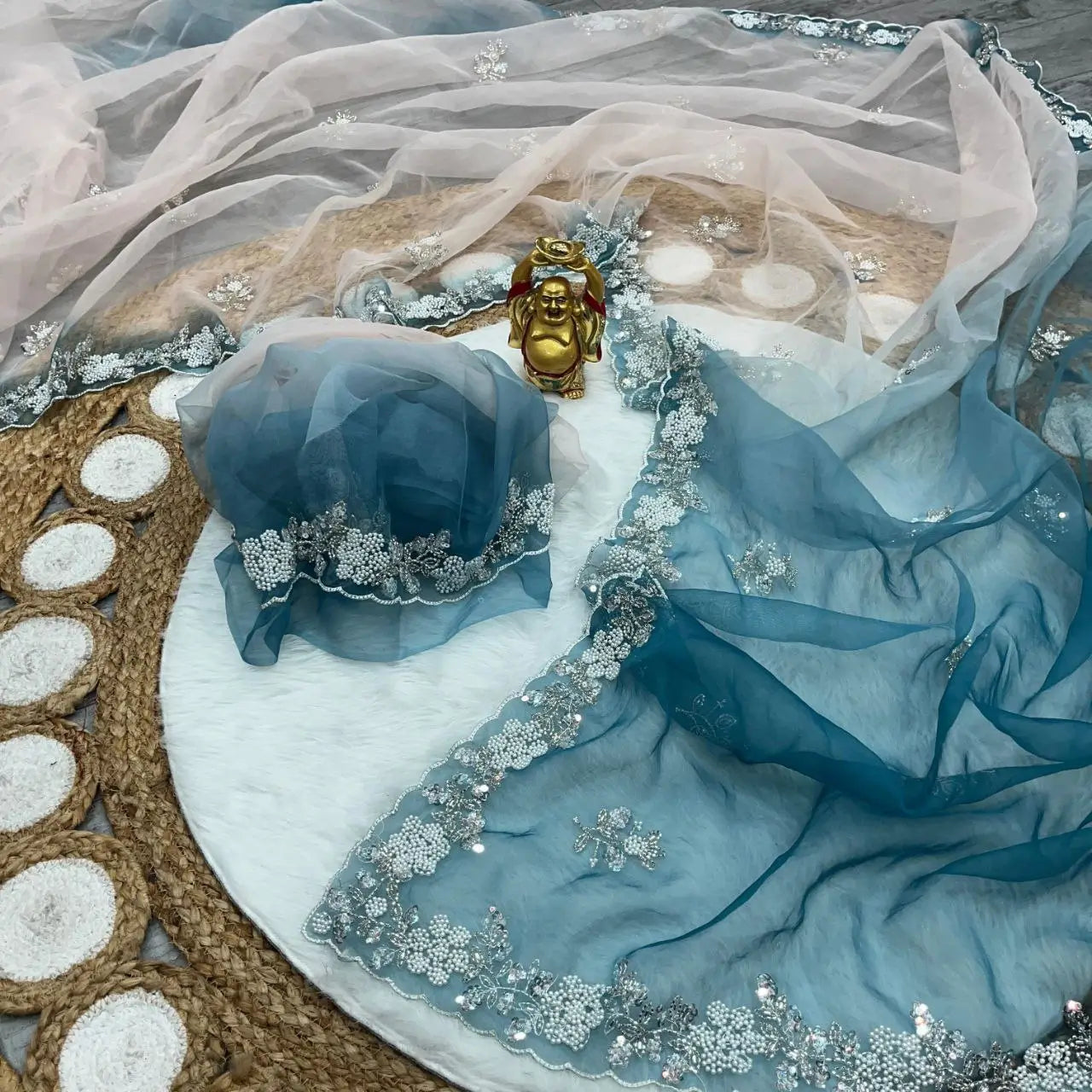 Soft Shiny Organza Saree with Cutdana, Moti & Sequins Work