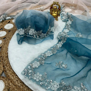 Soft Shiny Organza Saree with Cutdana, Moti & Sequins Work