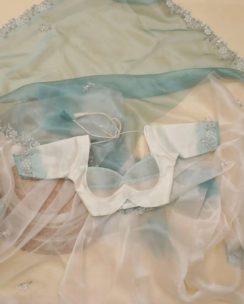 Soft Shiny Organza Saree with Cutdana, Moti & Sequins Work