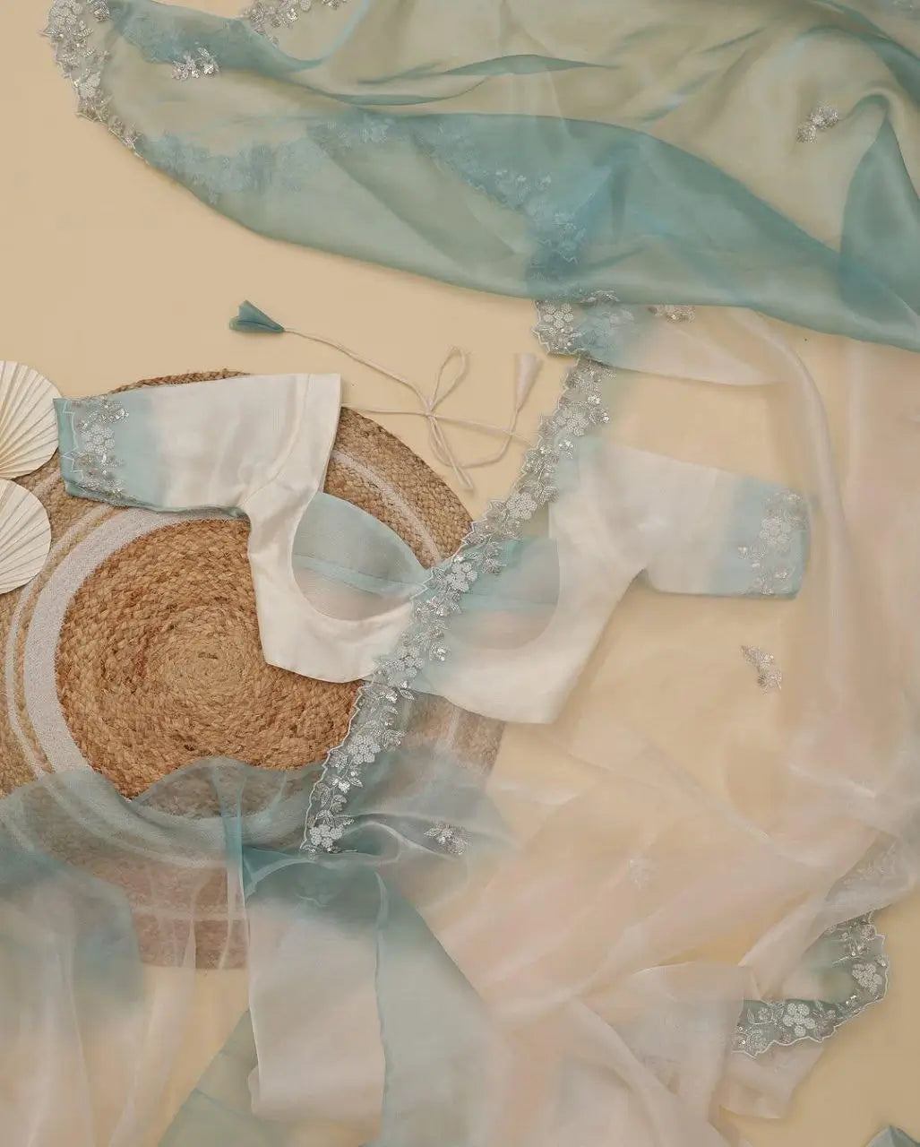 Soft Shiny Organza Saree with Cutdana, Moti & Sequins Work