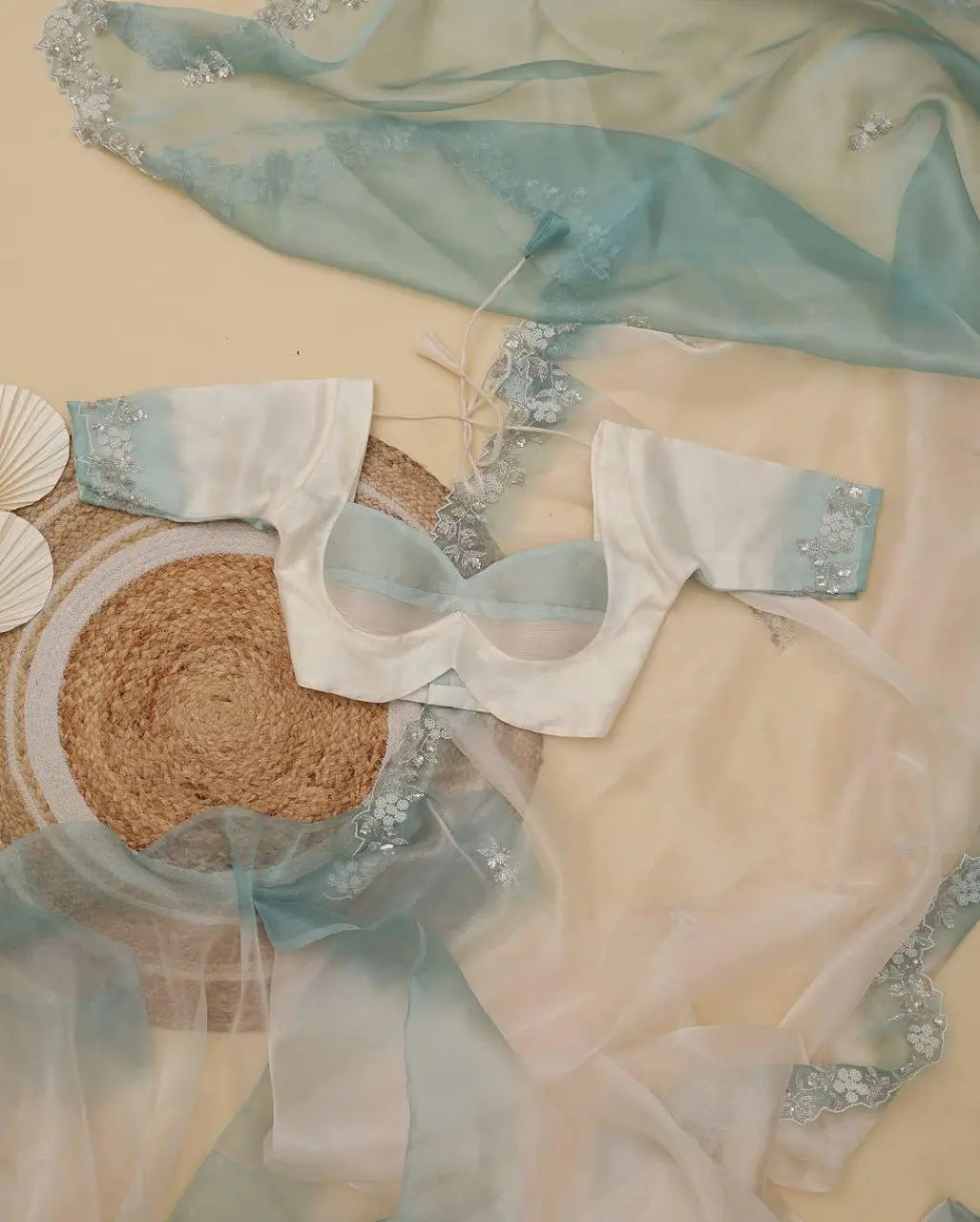 Soft Shiny Organza Saree with Cutdana, Moti & Sequins Work