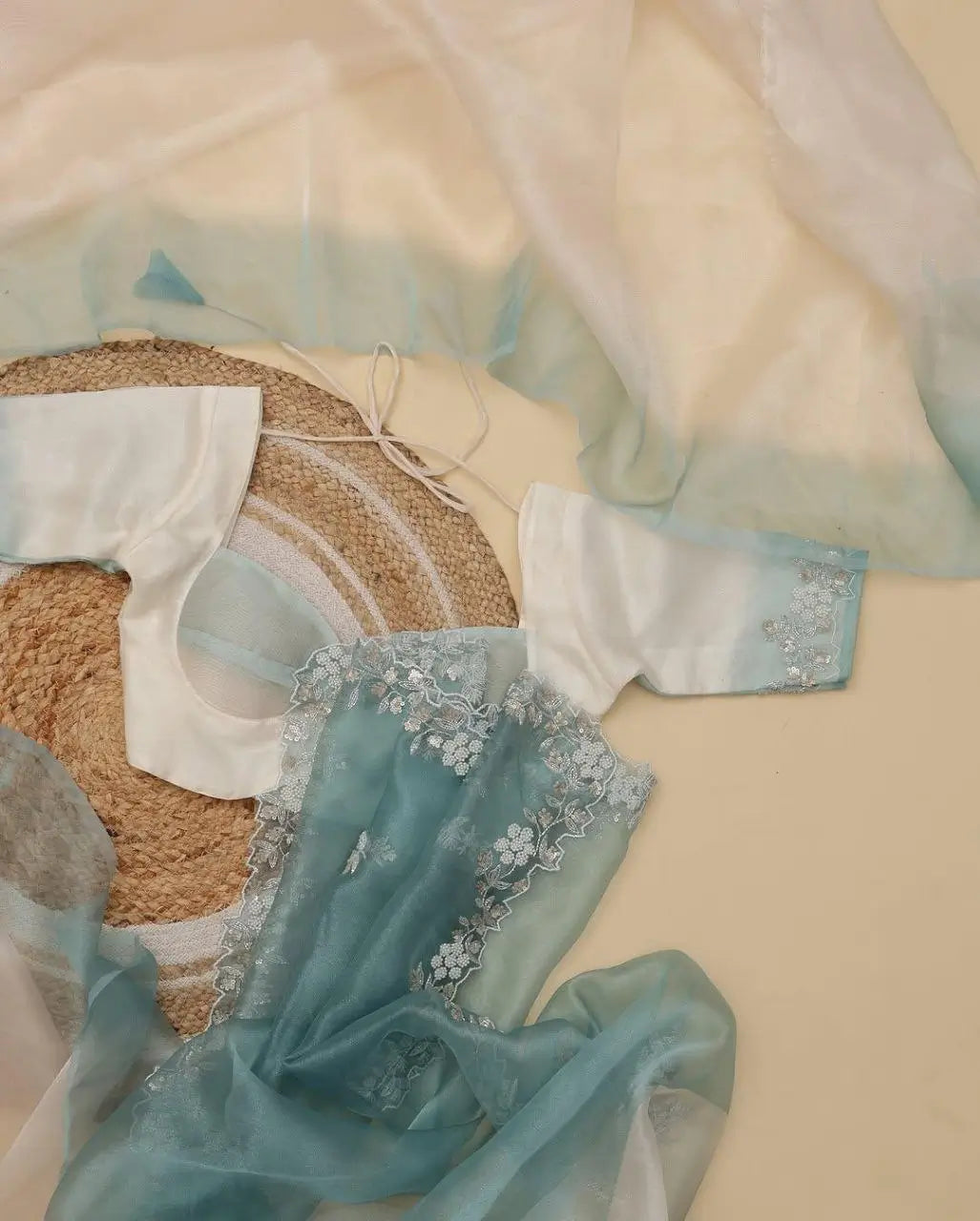 Soft Shiny Organza Saree with Cutdana, Moti & Sequins Work