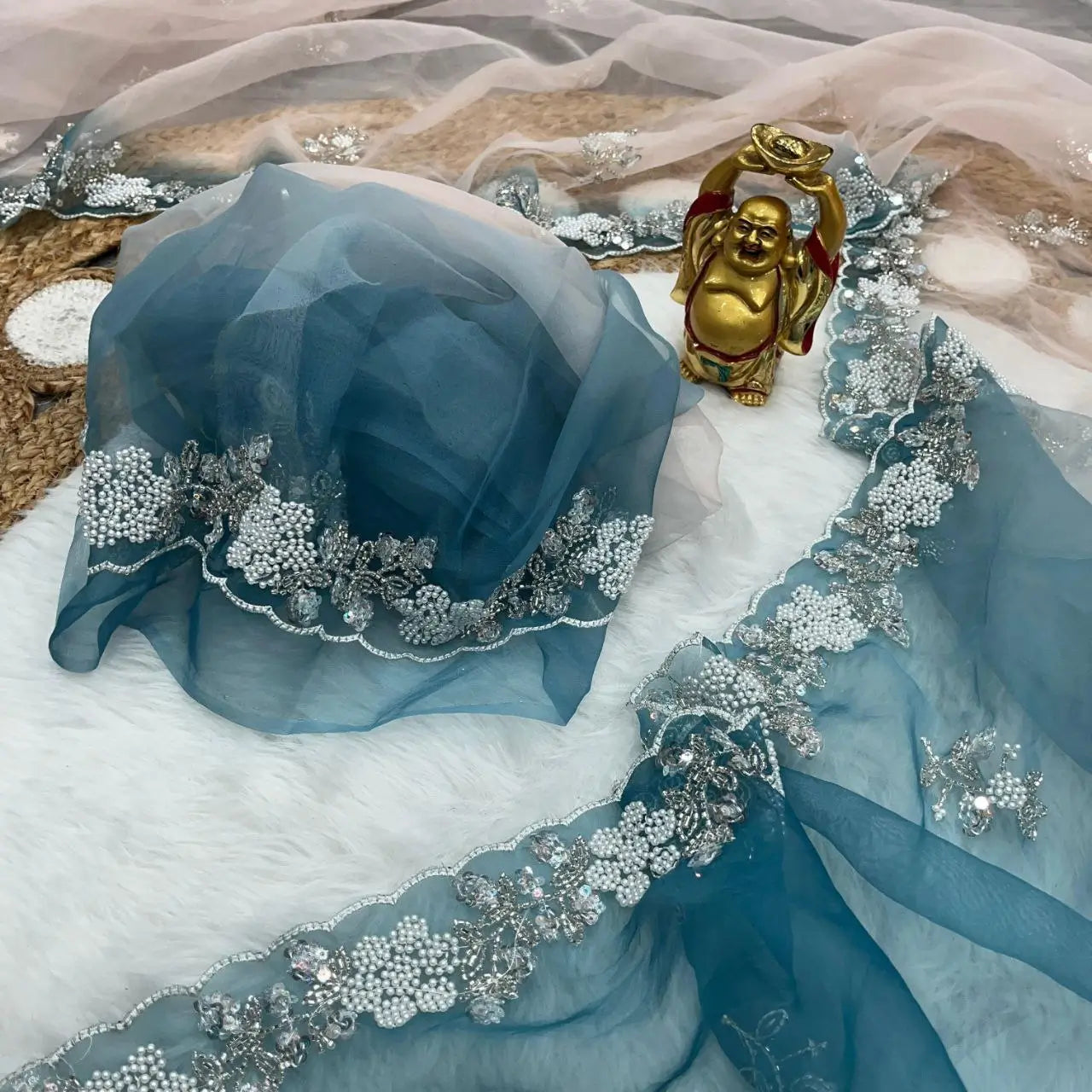 Soft Shiny Organza Saree with Cutdana, Moti & Sequins Work