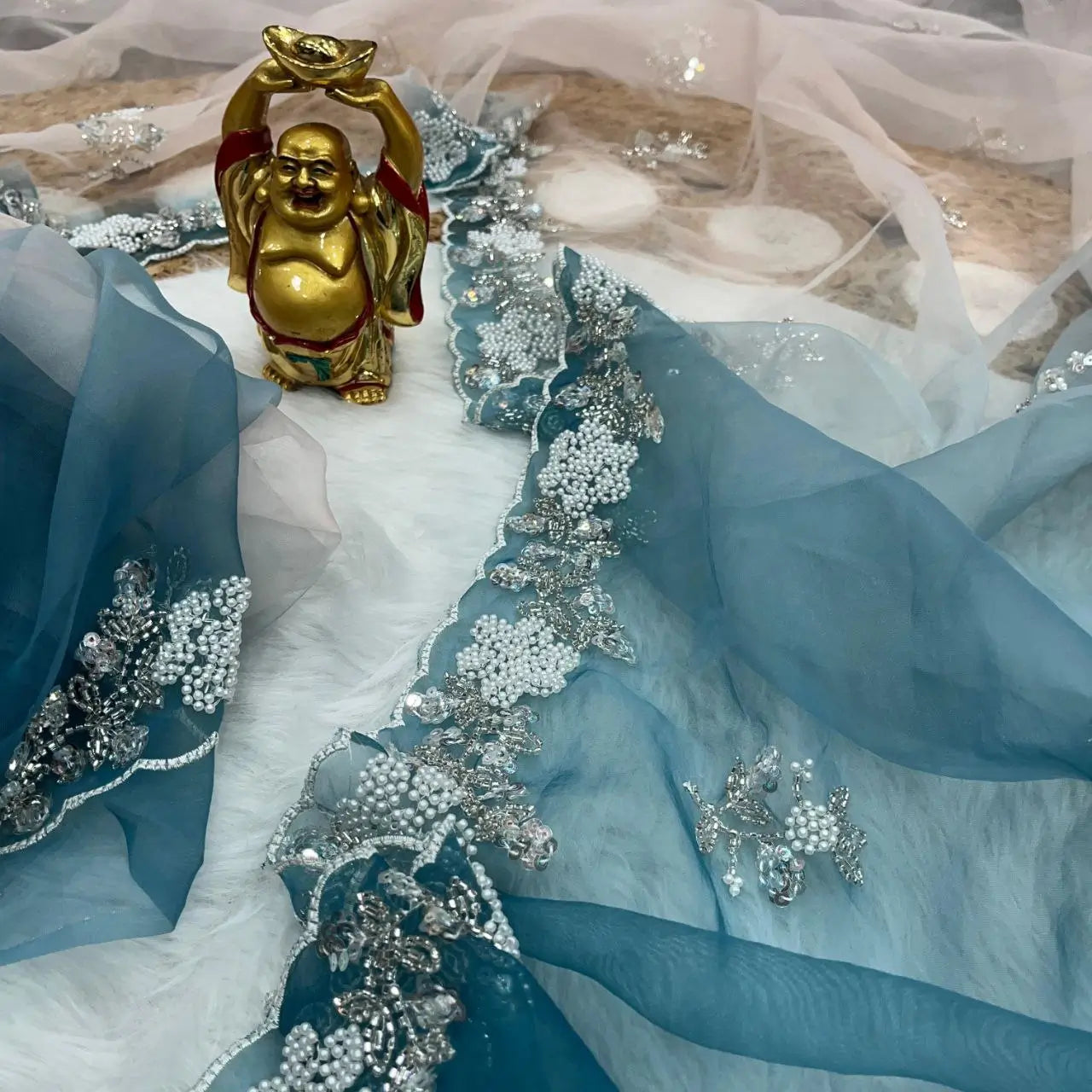 Soft Shiny Organza Saree with Cutdana, Moti & Sequins Work