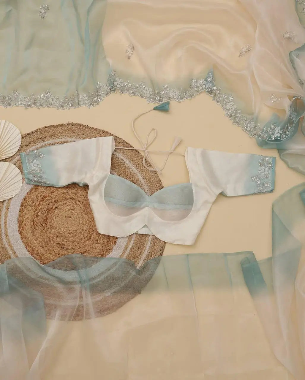 Soft Shiny Organza Saree with Cutdana, Moti & Sequins Work