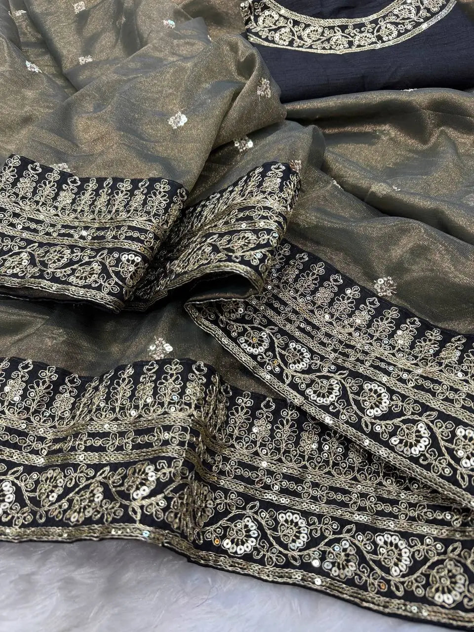 Soft Twill Net Sequins & Dori Embroidered Designer Saree