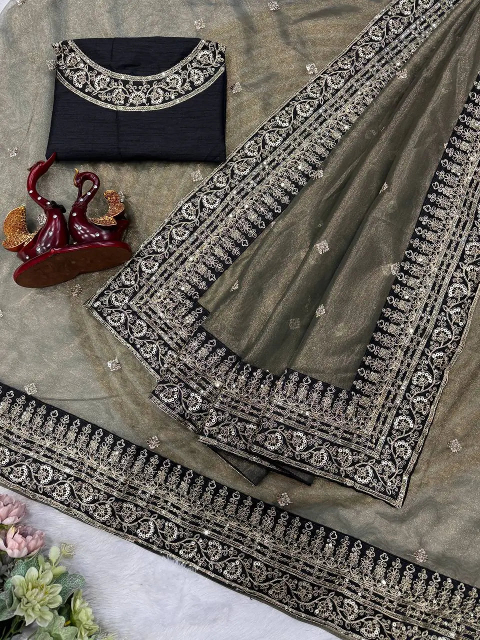Soft Twill Net Sequins & Dori Embroidered Designer Saree