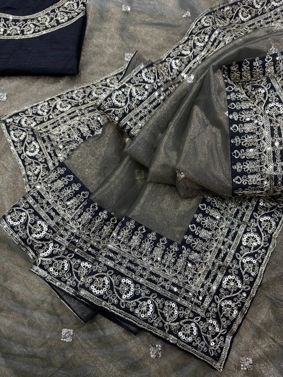 Soft Twill Net Sequins & Dori Embroidered Designer Saree