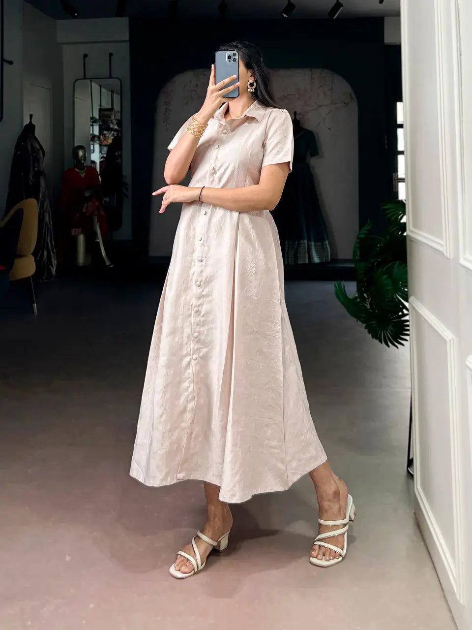 Solid Remy Fabric Button-Down Midi Frock