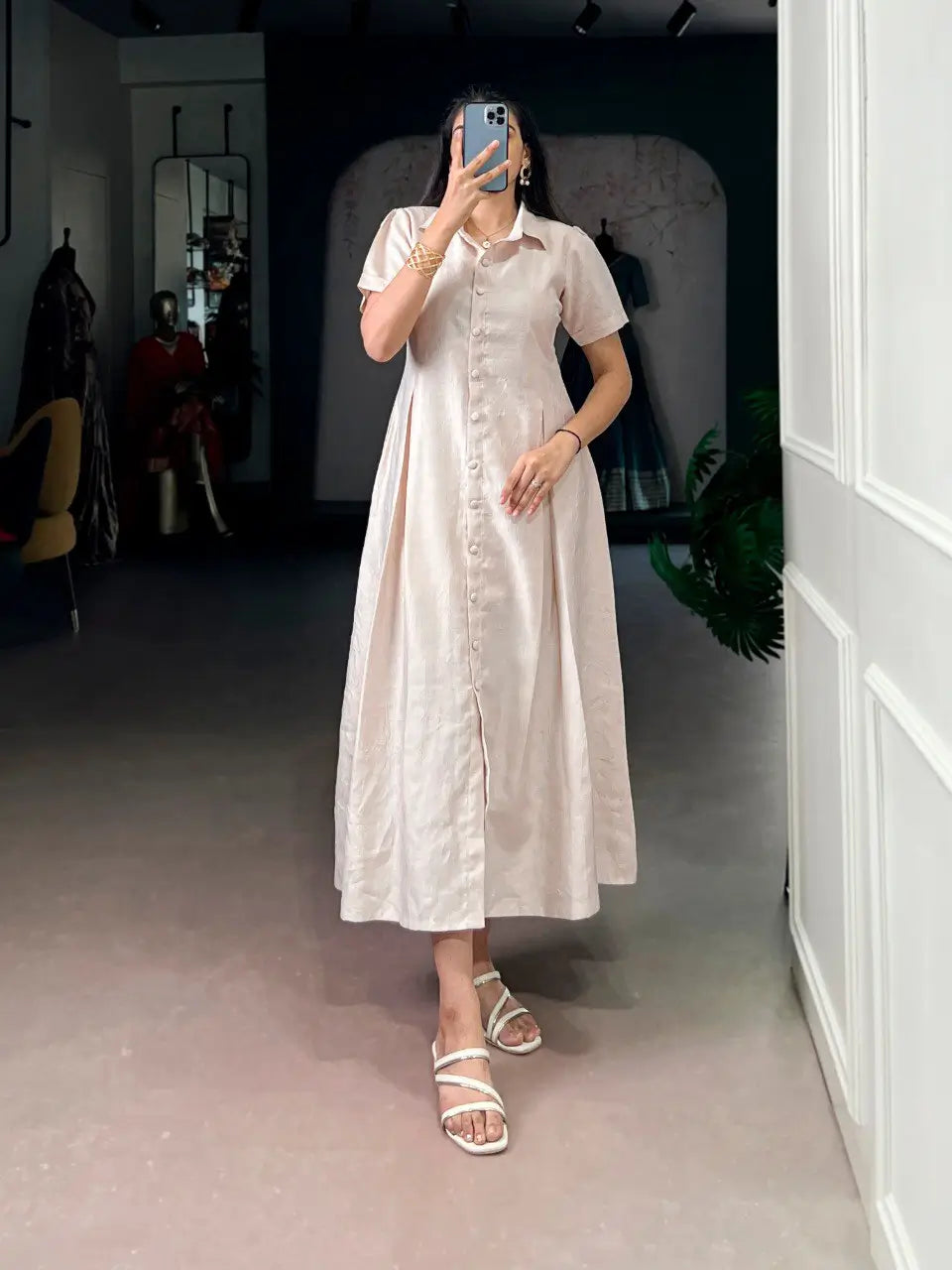 Solid Remy Fabric Button-Down Midi Frock