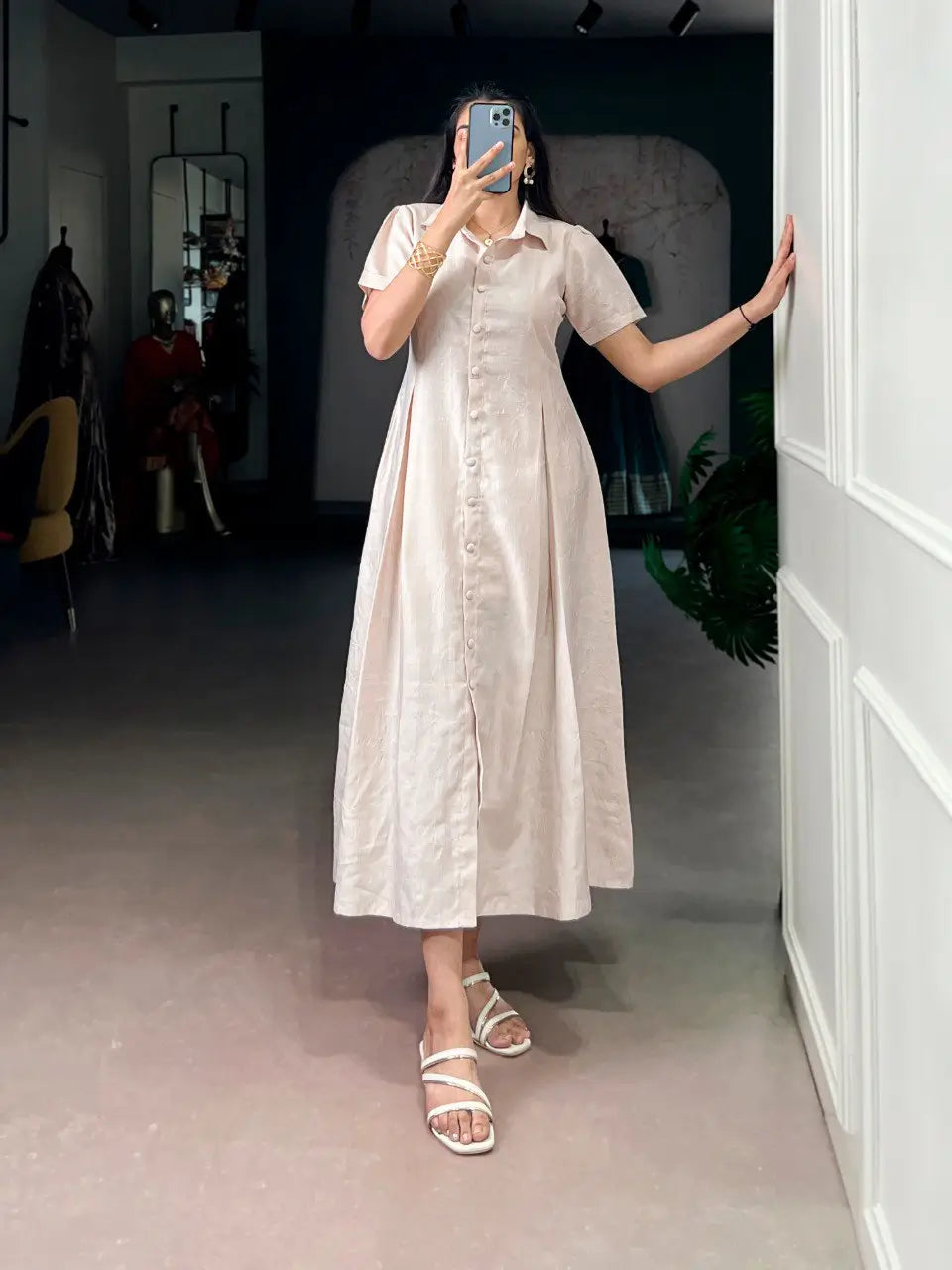 Solid Remy Fabric Button-Down Midi Frock