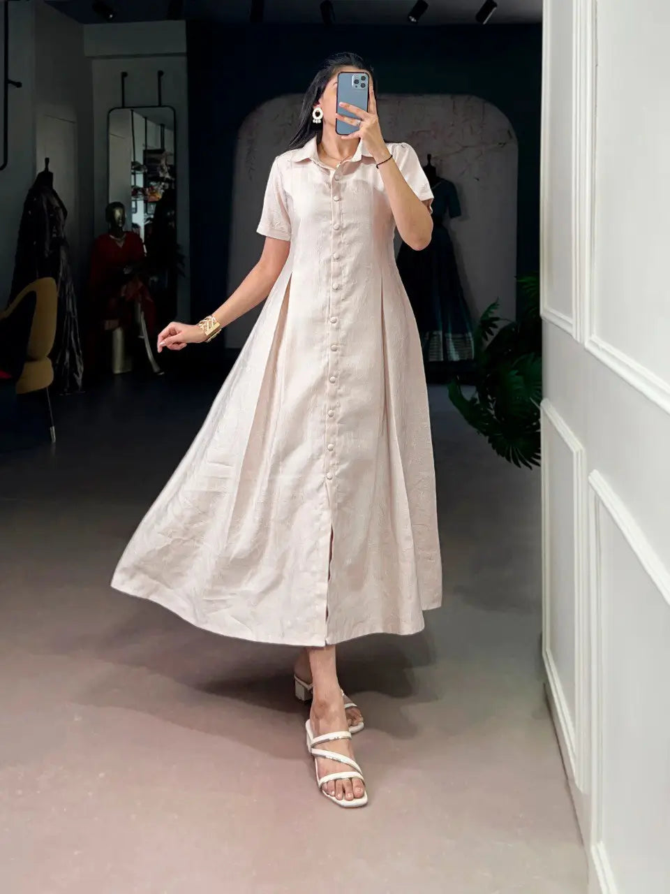 Solid Remy Fabric Button-Down Midi Frock