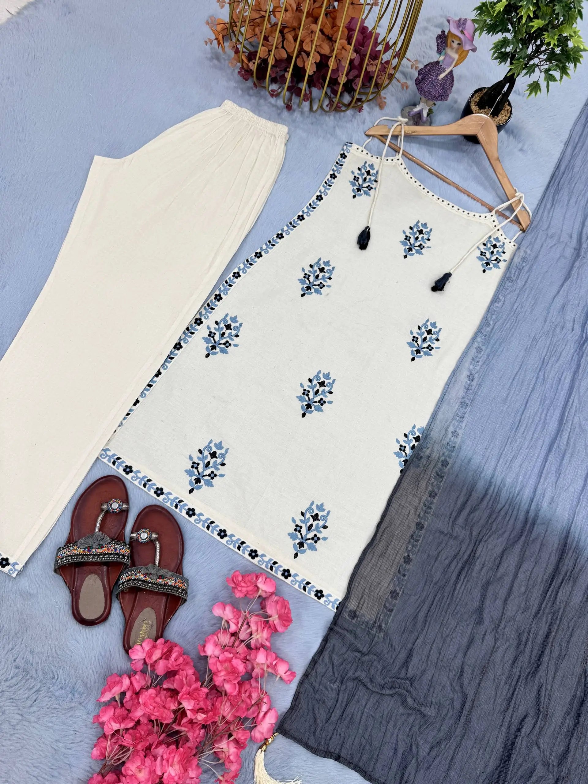 Spaghetti Style Khadi Cotton Embroidered Suit with Leheriya Kota Doria Dupatta – Summer Festive Wear