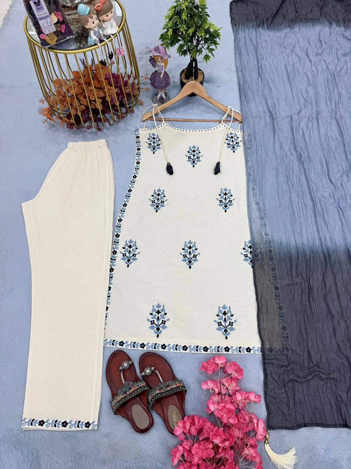 Spaghetti Style Khadi Cotton Embroidered Suit with Leheriya Kota Doria Dupatta – Summer Festive Wear