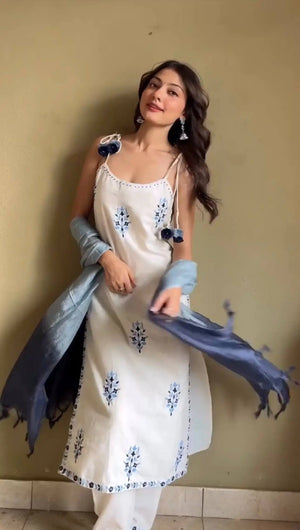 Spaghetti Style Khadi Cotton Embroidered Suit with Leheriya Kota Doria Dupatta – Summer Festive Wear