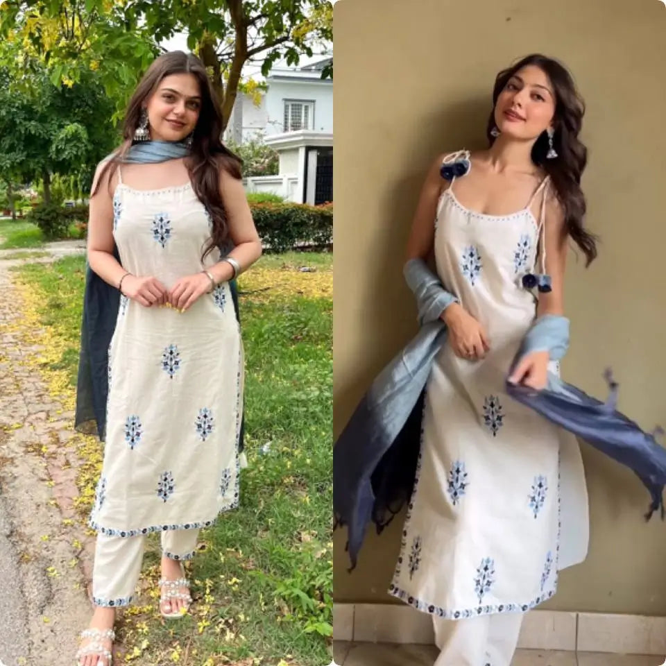 Spaghetti Style Khadi Cotton Embroidered Suit with Leheriya Kota Doria Dupatta – Summer Festive Wear