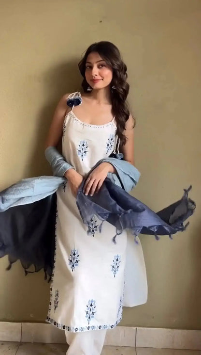 Spaghetti Style Khadi Cotton Embroidered Suit with Leheriya Kota Doria Dupatta – Summer Festive Wear