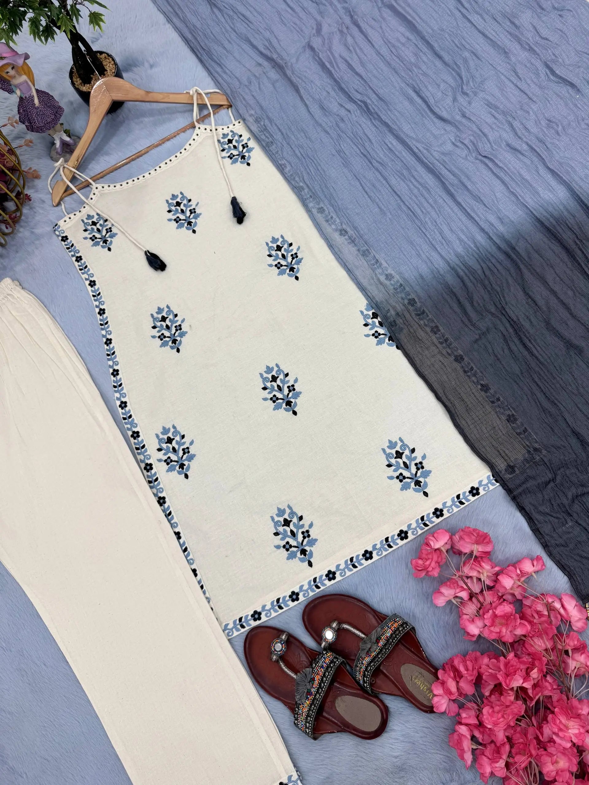 Spaghetti Style Khadi Cotton Embroidered Suit with Leheriya Kota Doria Dupatta – Summer Festive Wear