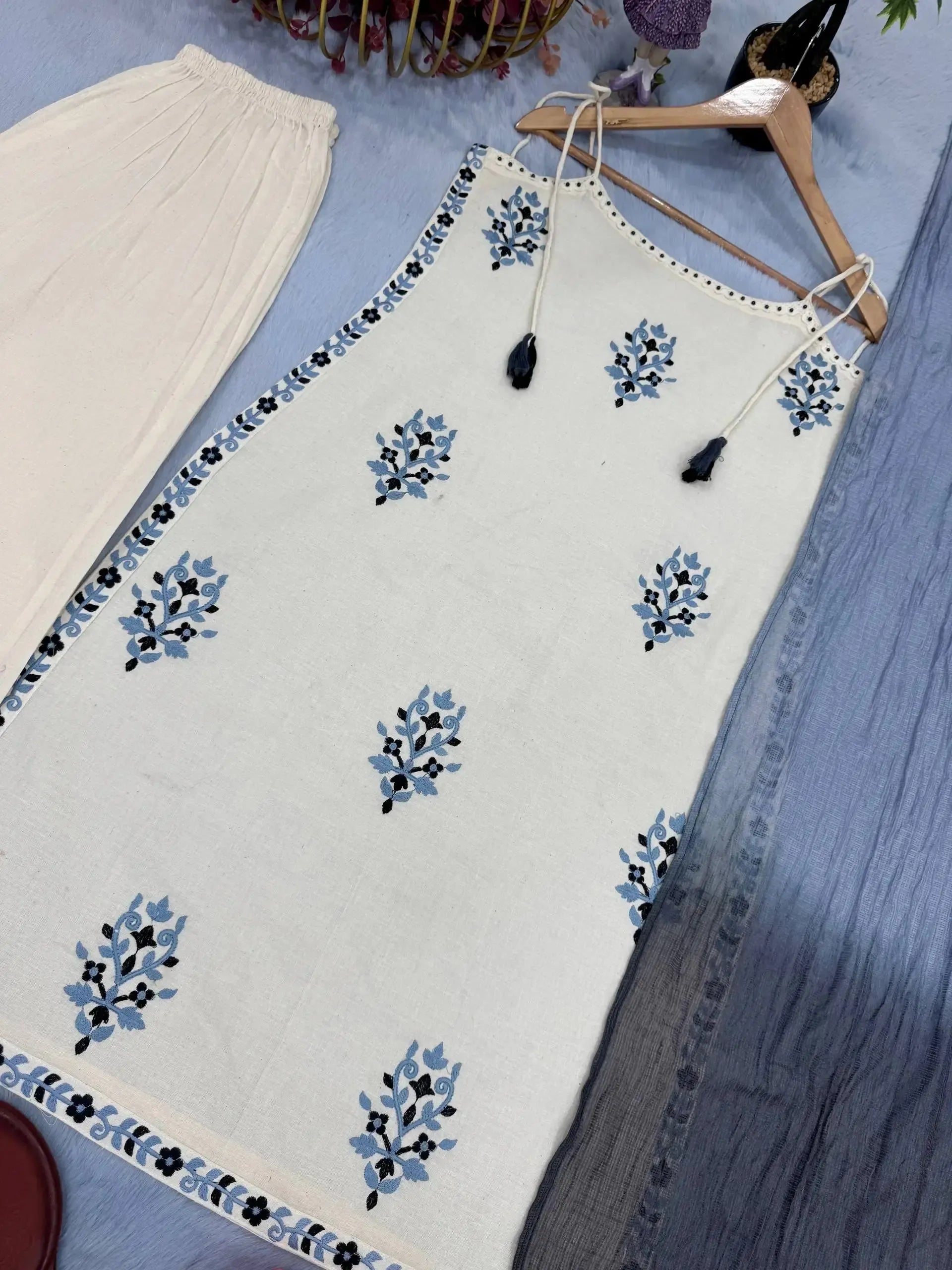 Spaghetti Style Khadi Cotton Embroidered Suit with Leheriya Kota Doria Dupatta – Summer Festive Wear