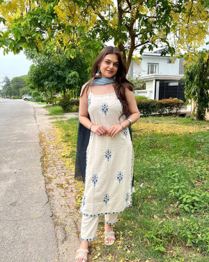 Spaghetti Style Khadi Cotton Embroidered Suit with Leheriya Kota Doria Dupatta – Summer Festive Wear