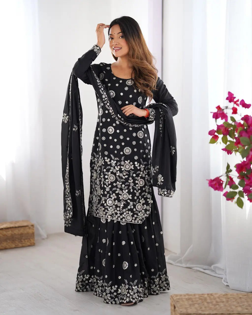 Star Georgette Thread and Sequin Embroidered Sharara Suit