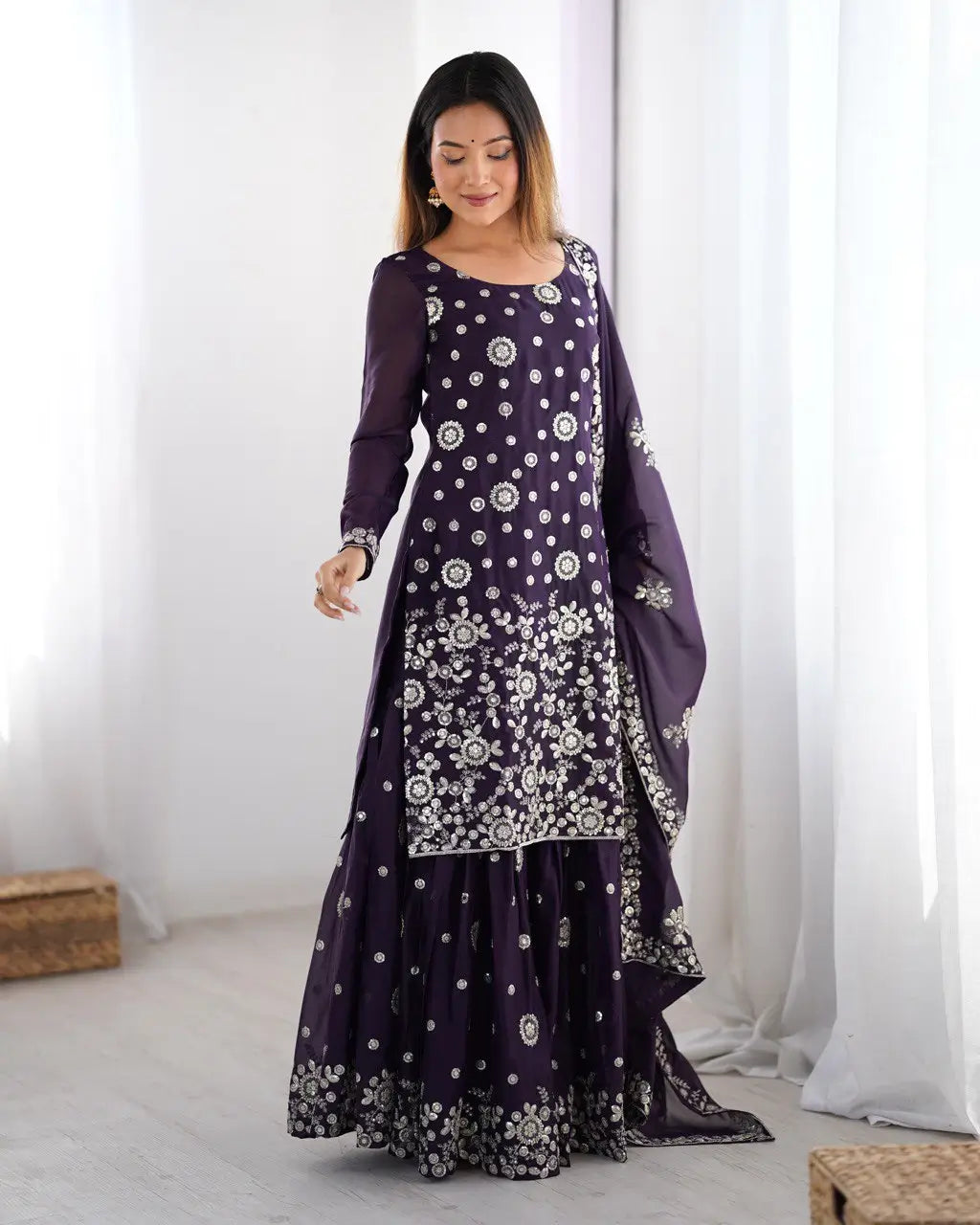 Star Georgette Thread and Sequin Embroidered Sharara Suit