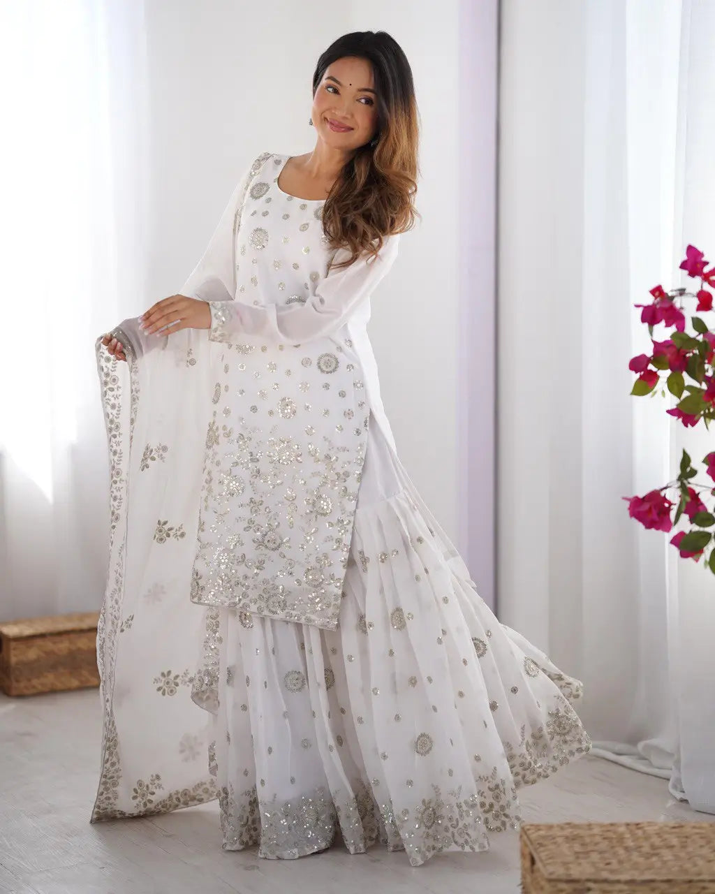 Star Georgette Thread and Sequin Embroidered Sharara Suit