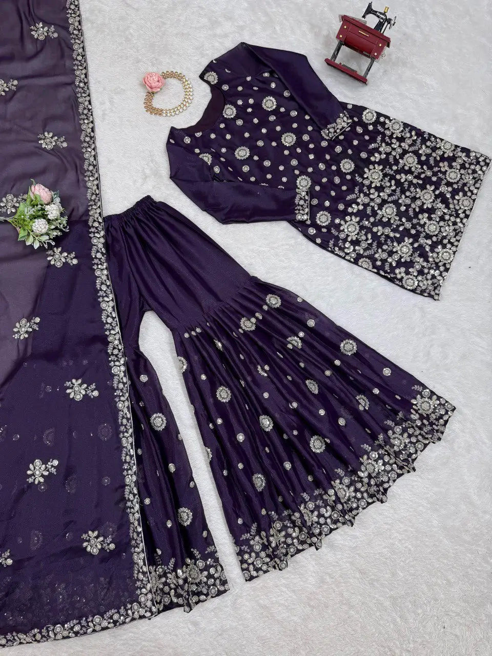 Star Georgette Thread and Sequin Embroidered Sharara Suit