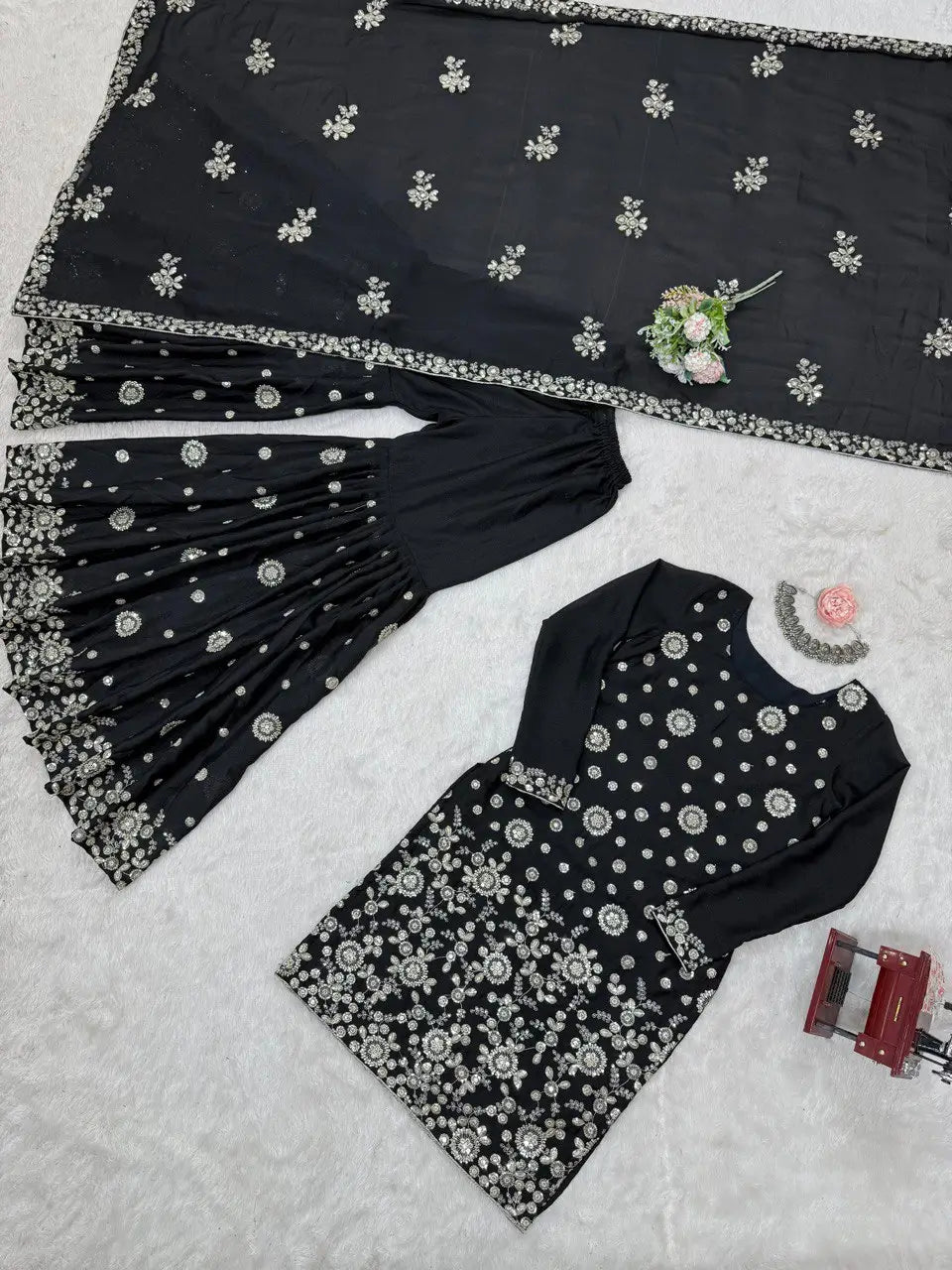 Star Georgette Thread and Sequin Embroidered Sharara Suit