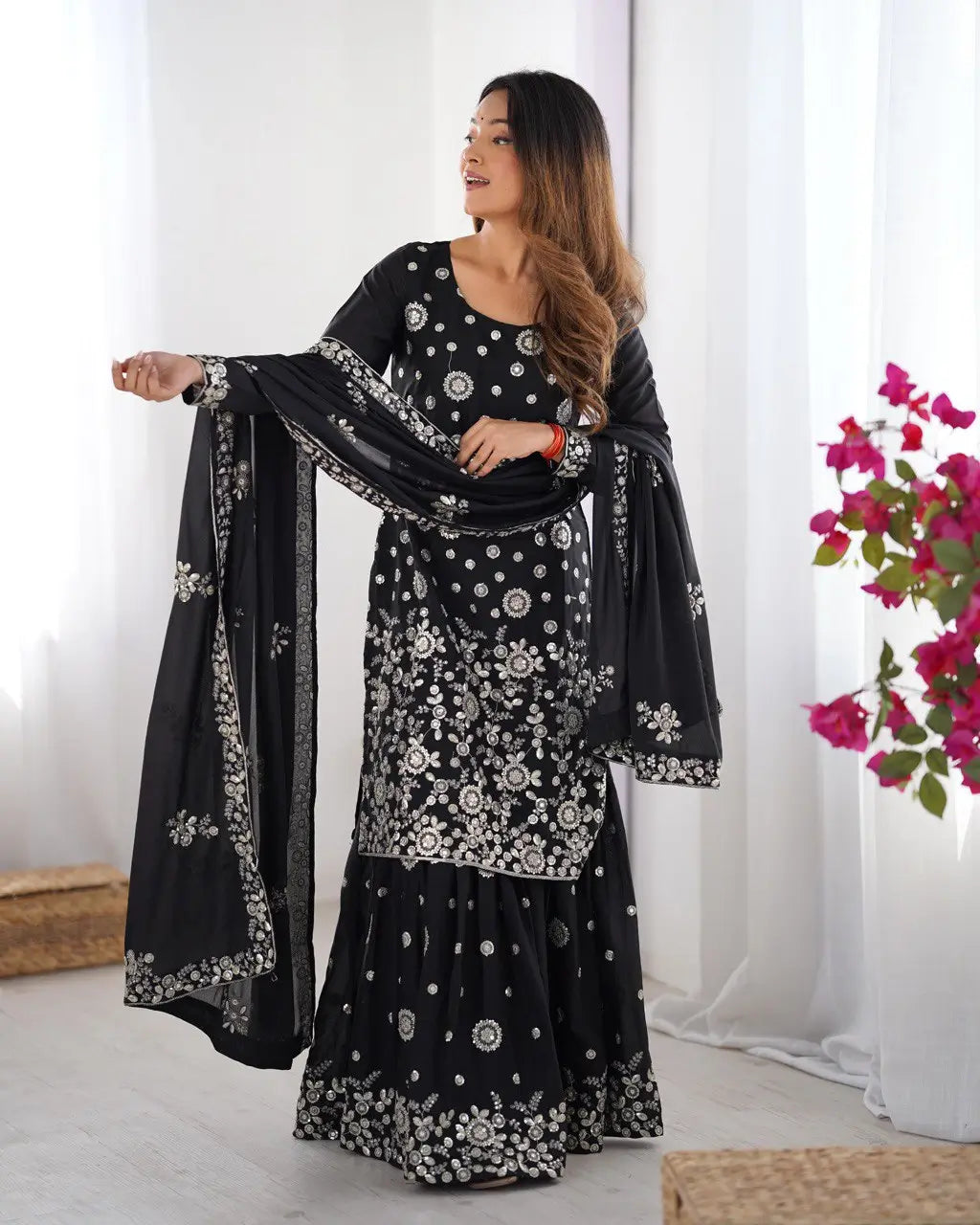 Star Georgette Thread and Sequin Embroidered Sharara Suit