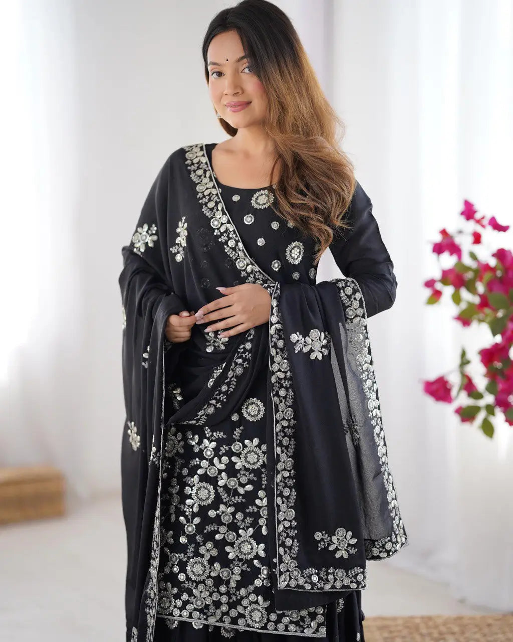 Star Georgette Thread and Sequin Embroidered Sharara Suit