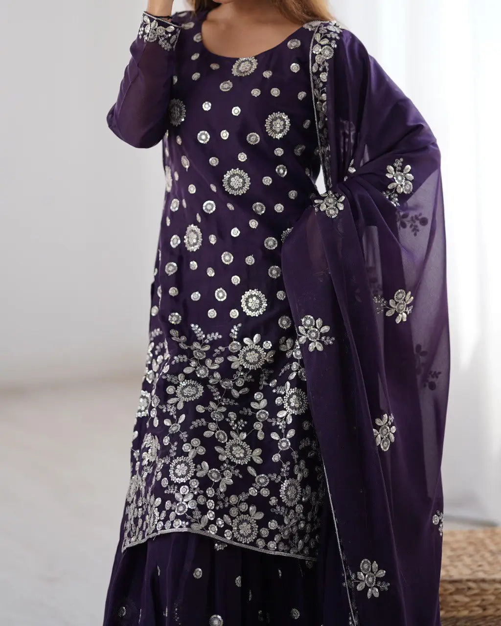 Star Georgette Thread and Sequin Embroidered Sharara Suit