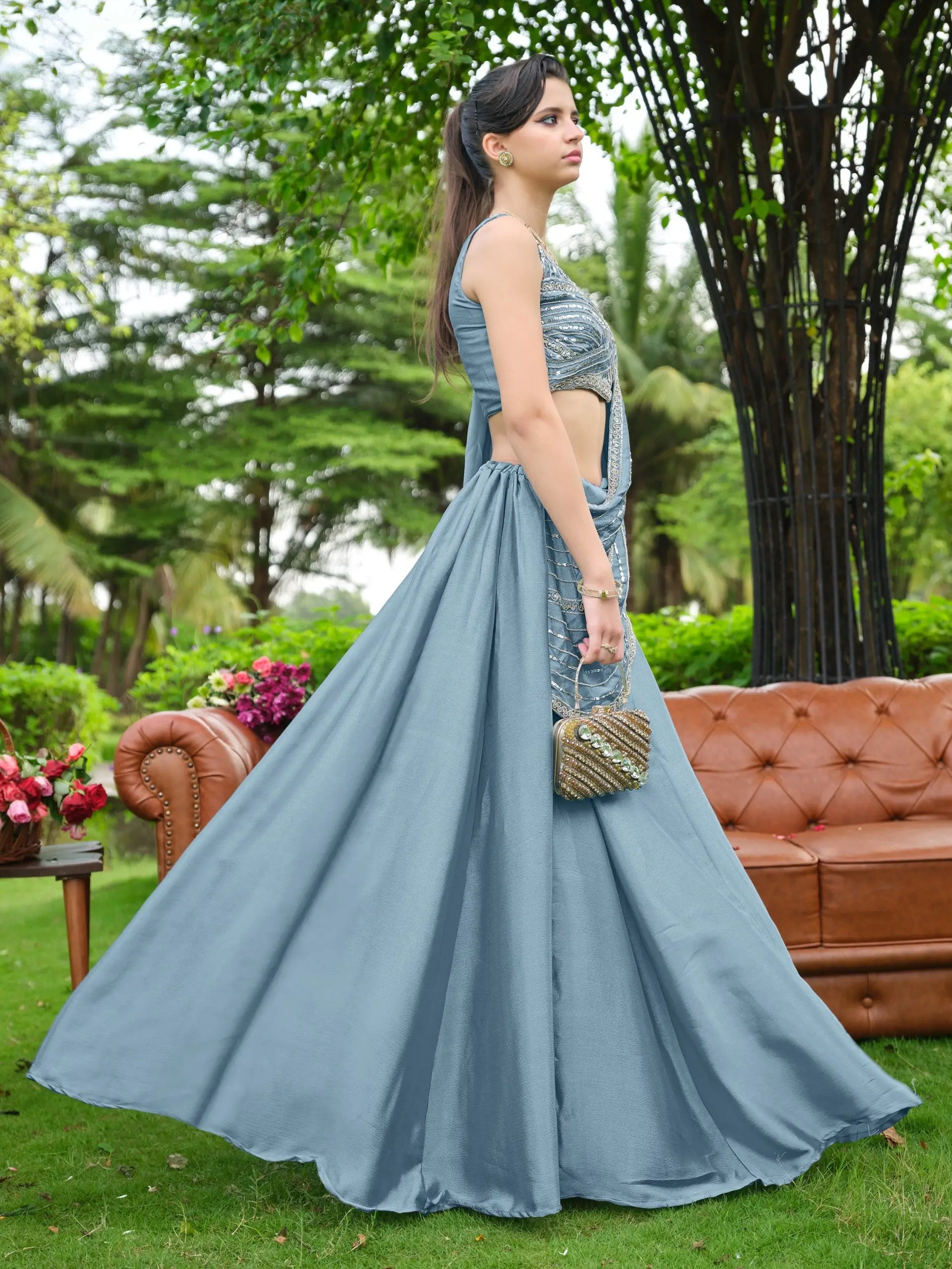 Steel Blue Draped Lehenga