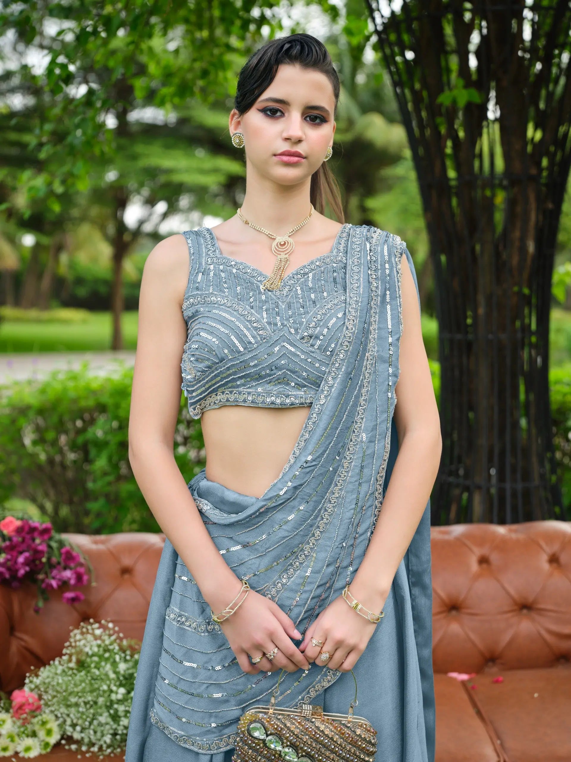 Steel Blue Draped Lehenga
