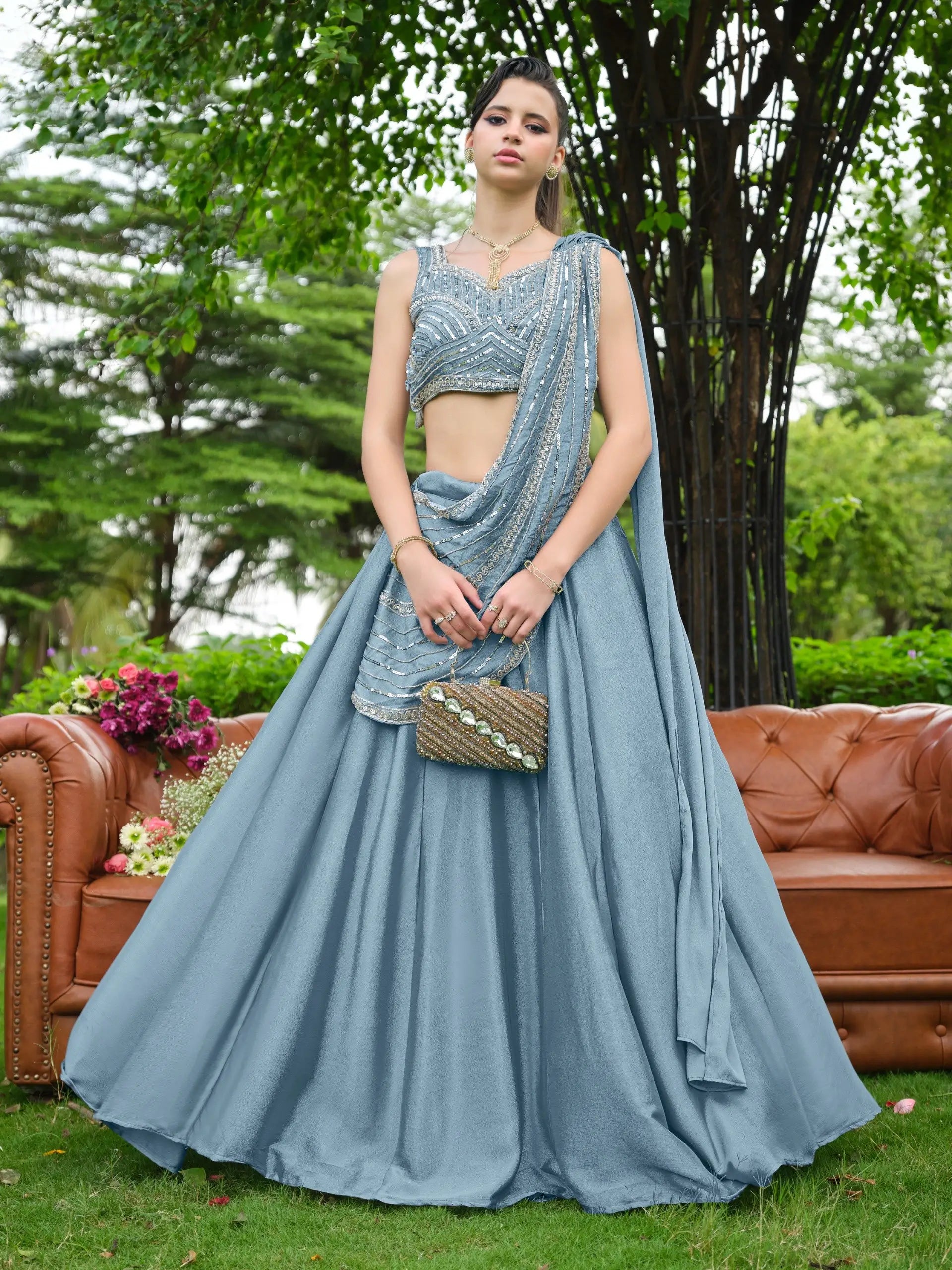 Steel Blue Draped Lehenga