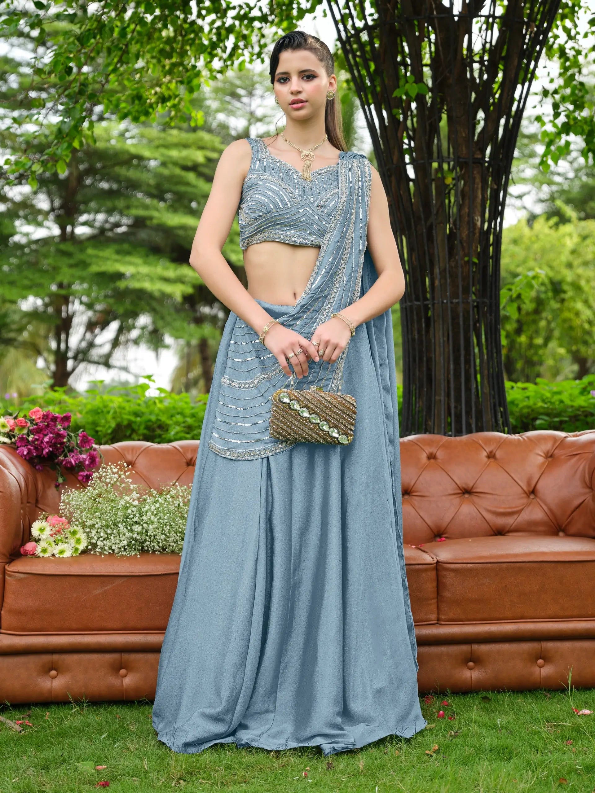 Steel Blue Draped Lehenga