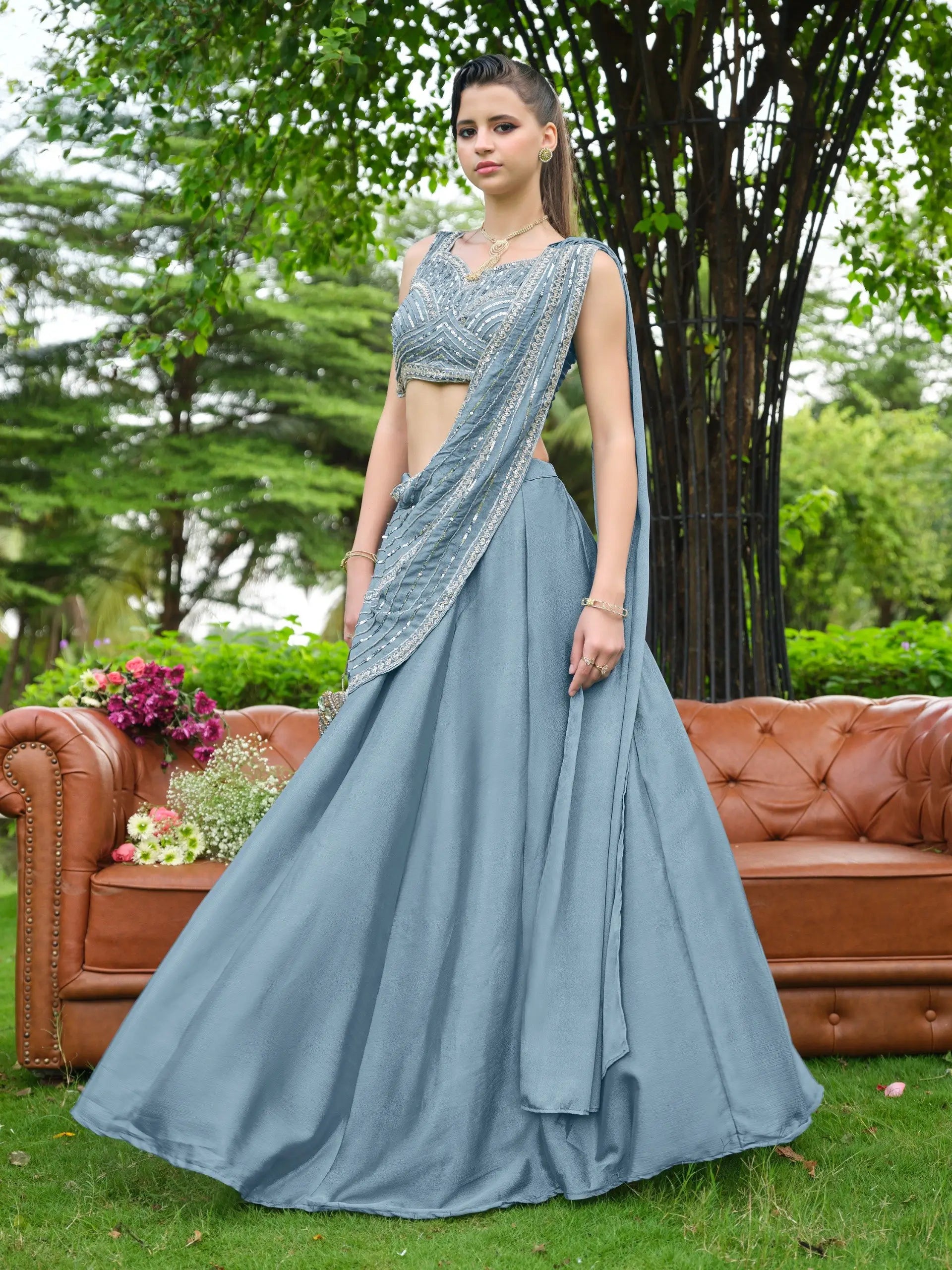 Steel Blue Draped Lehenga