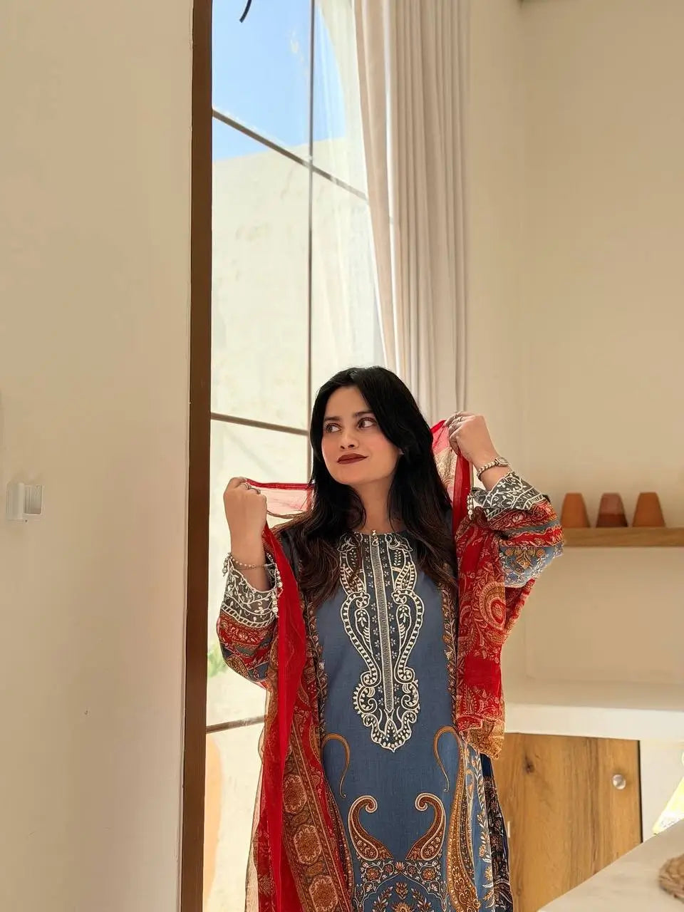 Steel Blue Paisley Chinon Print Kurta Set