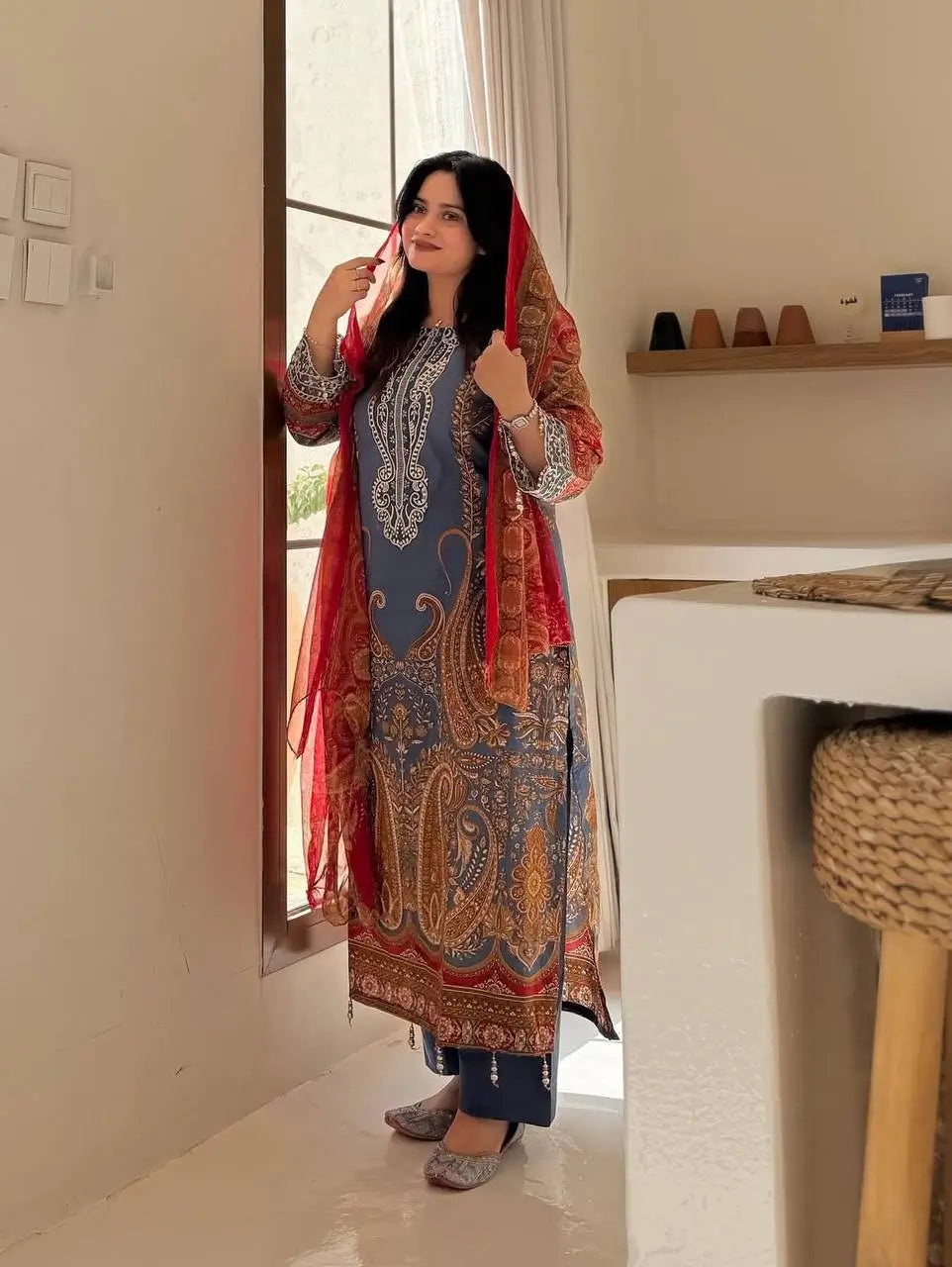 Steel Blue Paisley Chinon Print Kurta Set