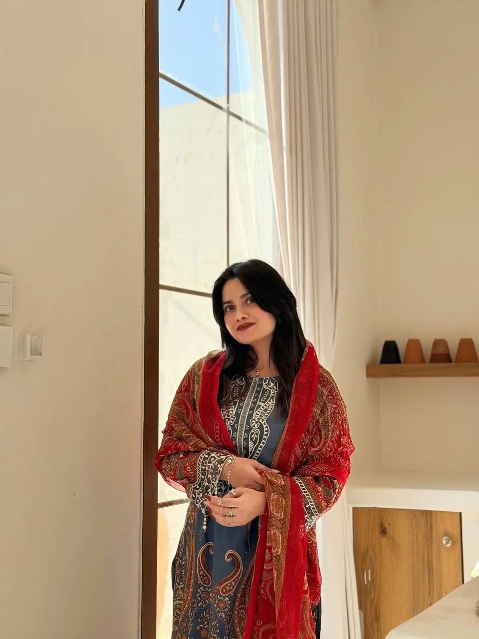 Steel Blue Paisley Chinon Print Kurta Set