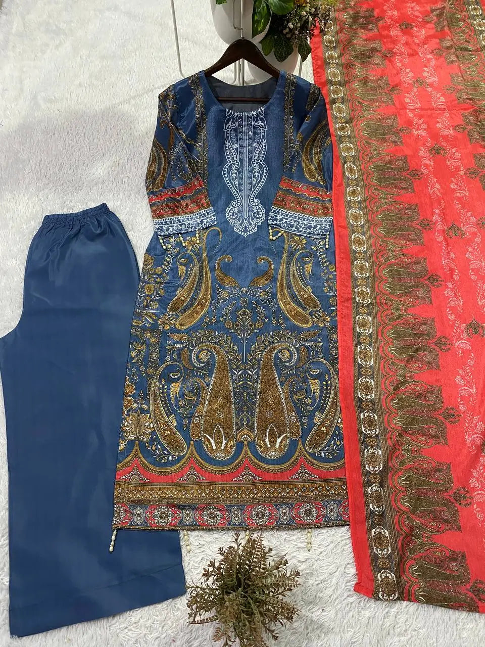 Steel Blue Paisley Chinon Print Kurta Set