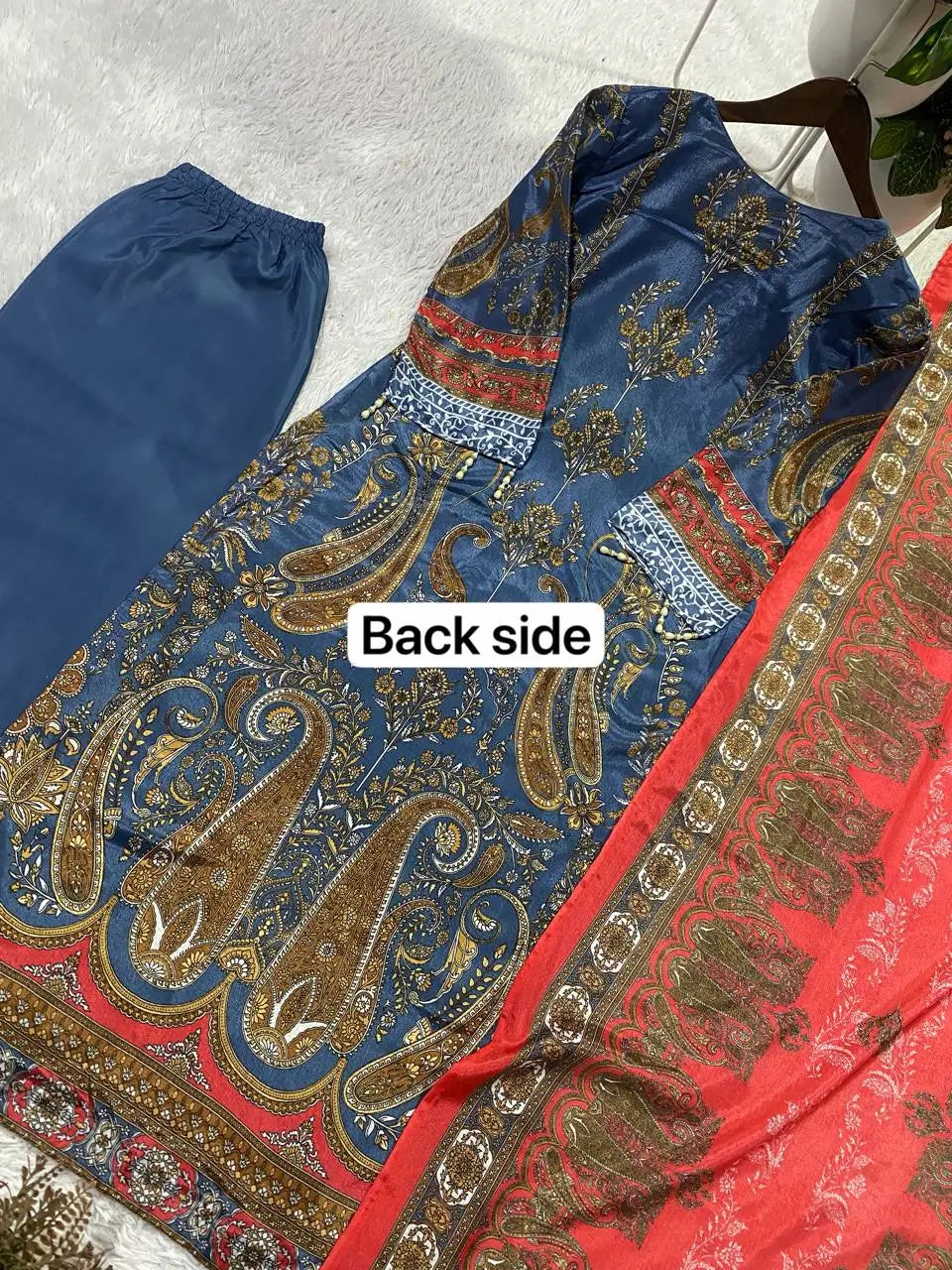 Steel Blue Paisley Chinon Print Kurta Set