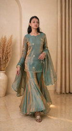 Steel Blue Premium Fandy Sharara Set with Zari Sequence Embroidery and Dupatta
