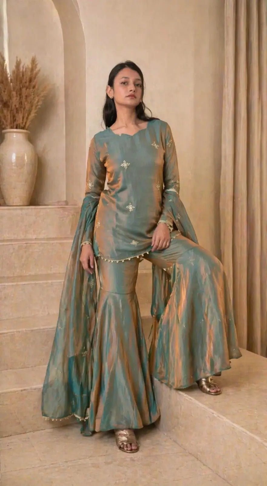 Steel Blue Premium Fandy Sharara Set with Zari Sequence Embroidery and Dupatta